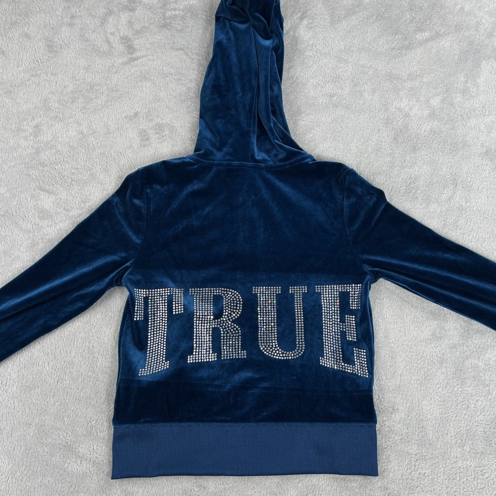 True Religion Velour Zip Hoodie XS Blue Womens Rhinestone Horseshoe Y2K Track